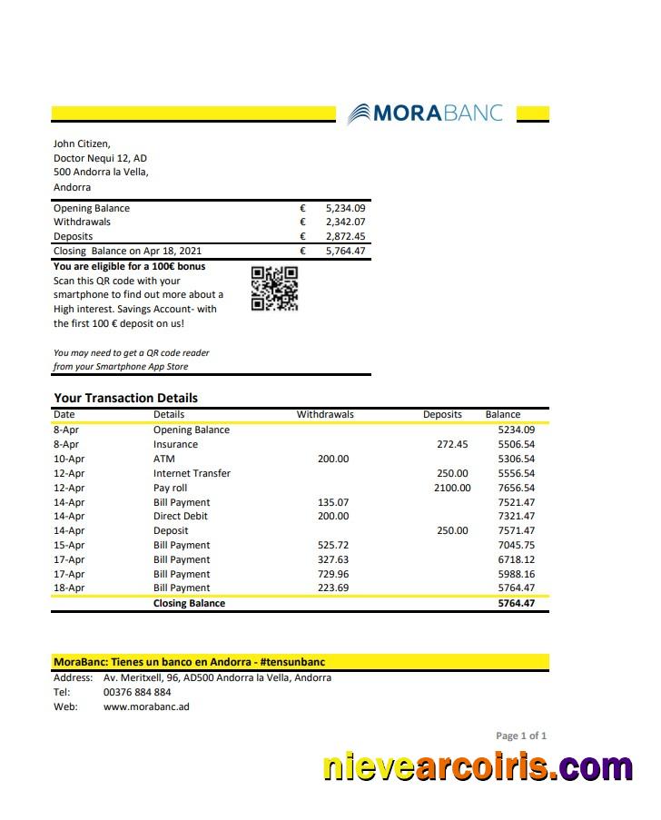 Andorra MoraBank bank statement in Excel and PDF format